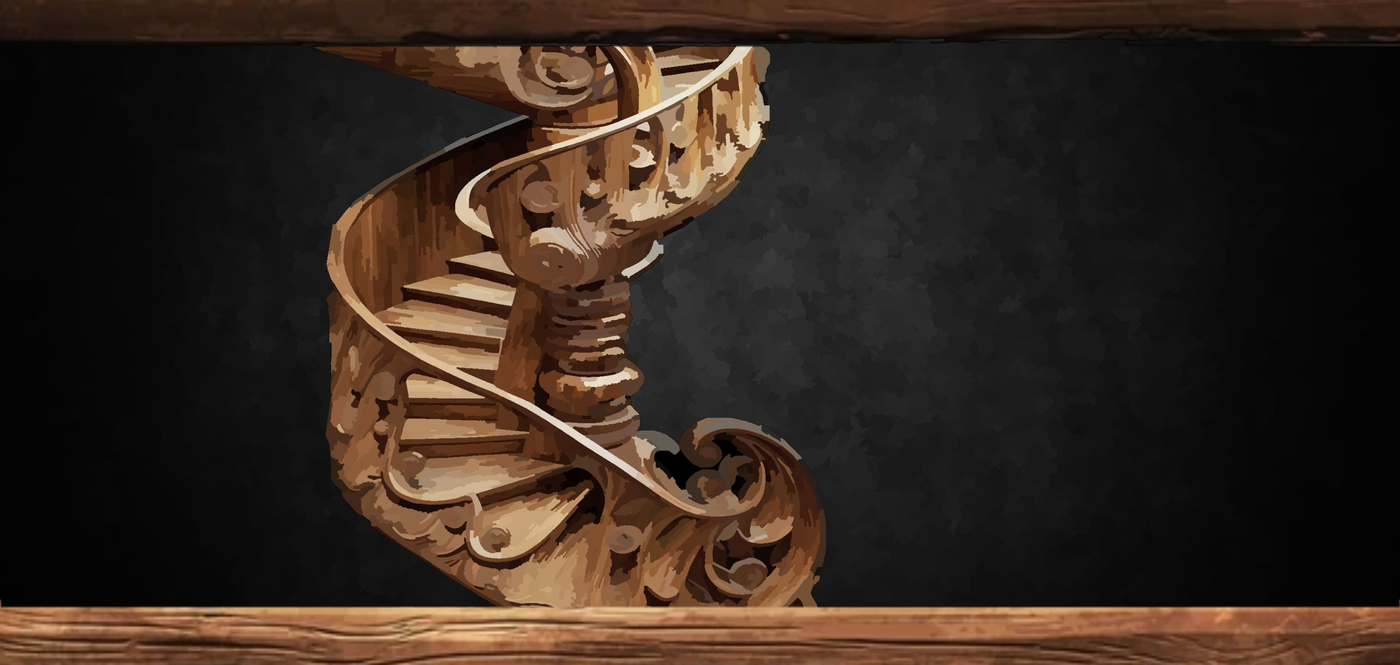 An intricately carved, winding wooden staircase leading downwards into a dimly lit space.