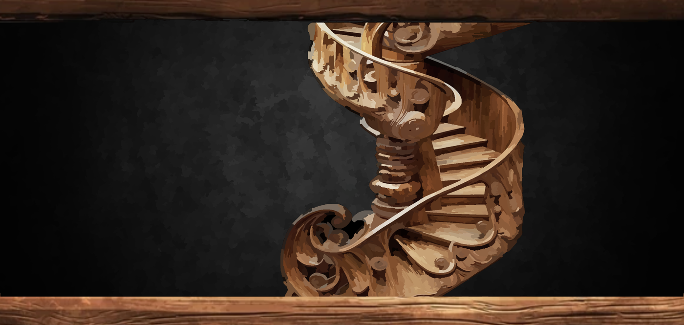 An intricately carved, winding wooden staircase ascending upwards into a brightly lit space.
