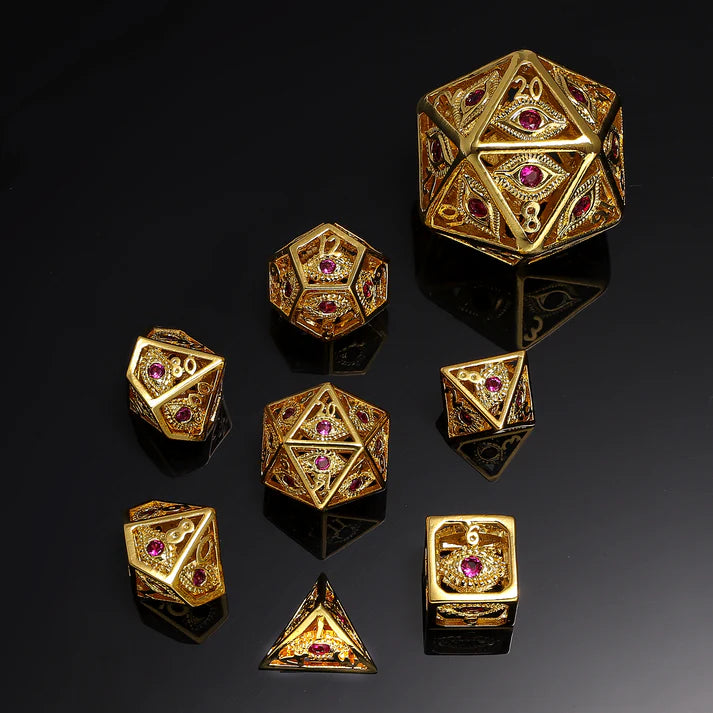 Mini Dragon's Eye Dice set 10 mm Gold with Red Gems