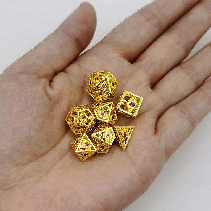 Mini Dragon's Eye Dice set 10 mm Gold with Red Gems
