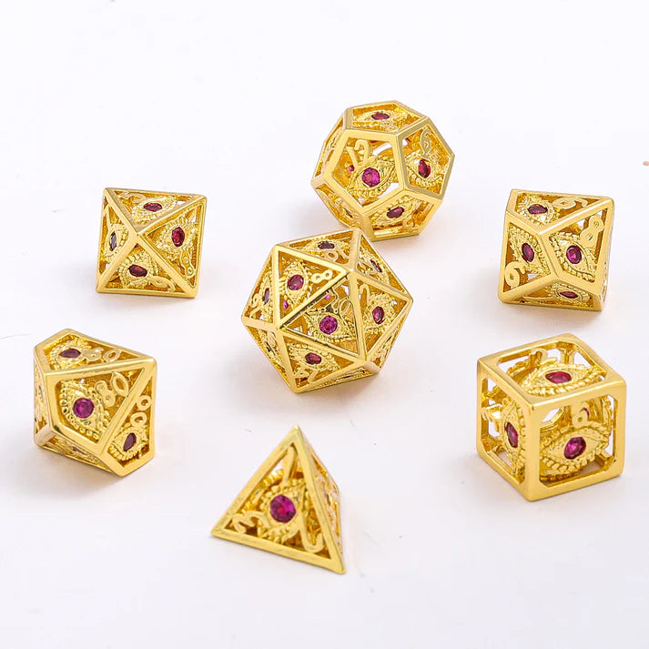 Mini Dragon's Eye Dice set 10 mm Gold with Red Gems