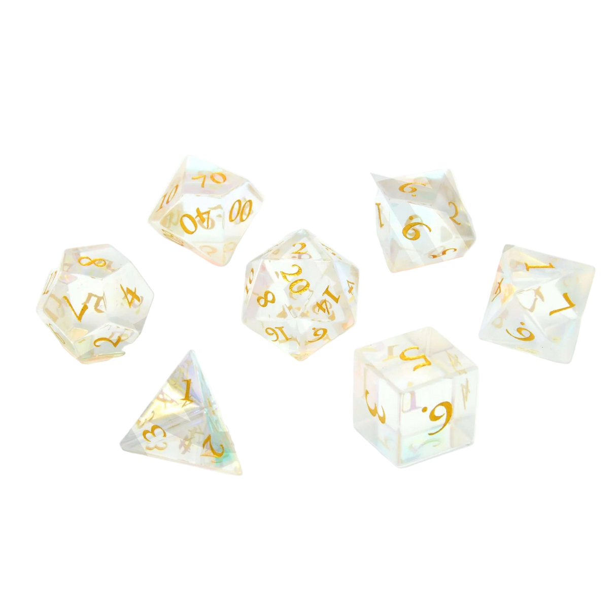 Set of dice with gold numbers on a white background, branded 'Crit Stones'.