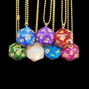 Colorful polyhedral dice necklaces with gold chains