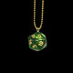 Green die-shaped pendant with gold numbers on a gold chain