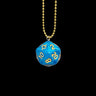 Turquoise D20 die pendant with gold numbers on a gold chain
