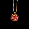 Red D20 die with gold numbers on a gold chain 