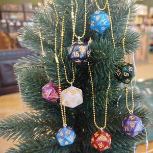 Decorative Christmas tree with dice ornaments in a room setting
