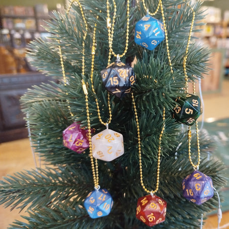 Decorative Christmas tree with dice ornaments in a room setting