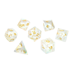 Set of dice with gold numbers on a white background, branded 'Crit Stones'.